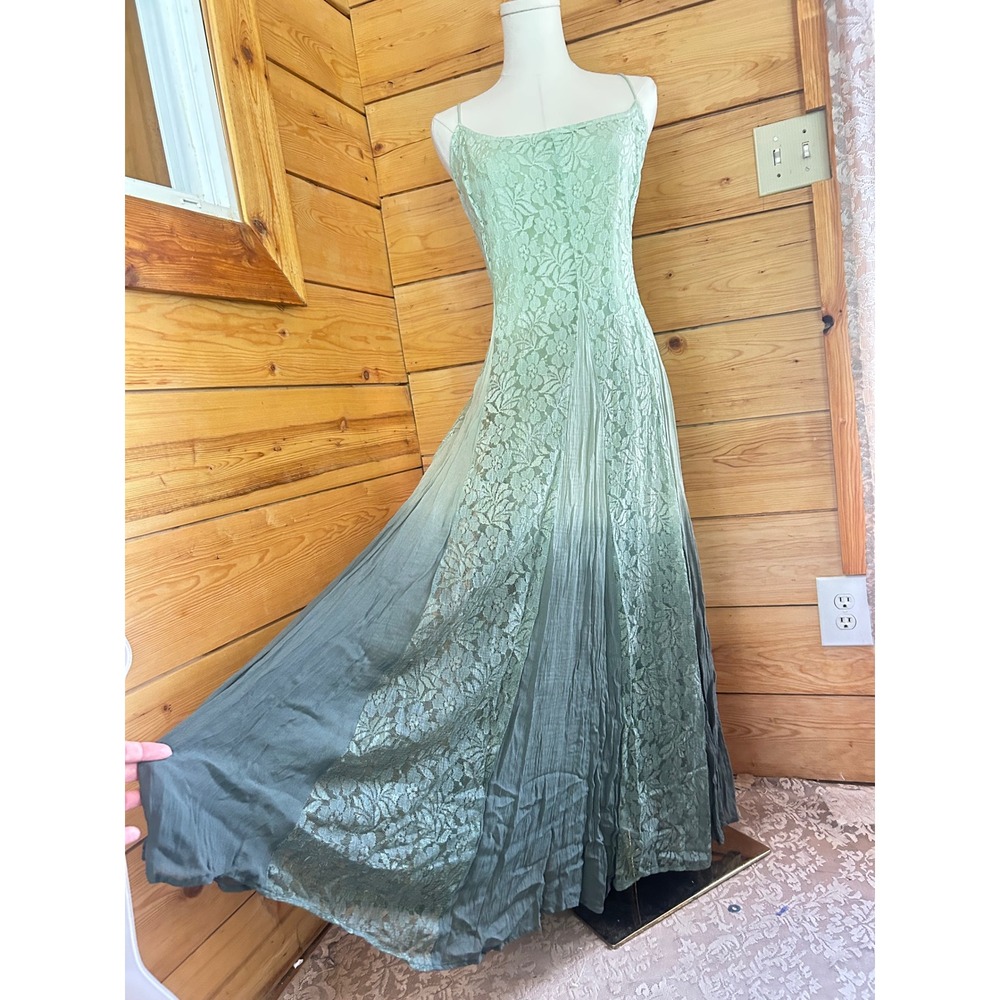 Vintage Maxi Dress Womens Size 14 Mint Green Ombre Lace Panel Boho Together